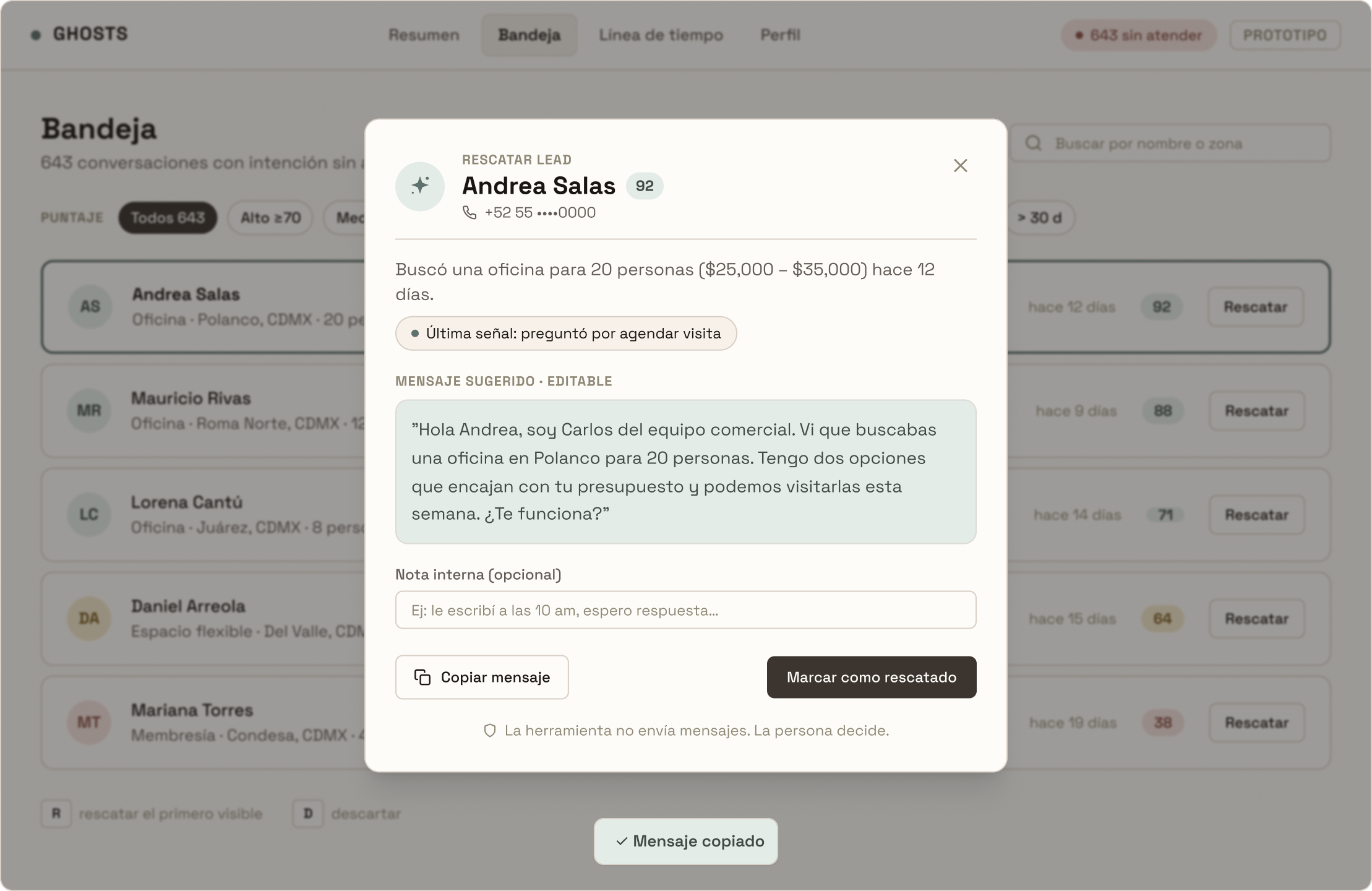 GHOSTS prototype with the opportunity rescue inbox, Andrea Salas's modal, and an editable contextual message that needs human approval.